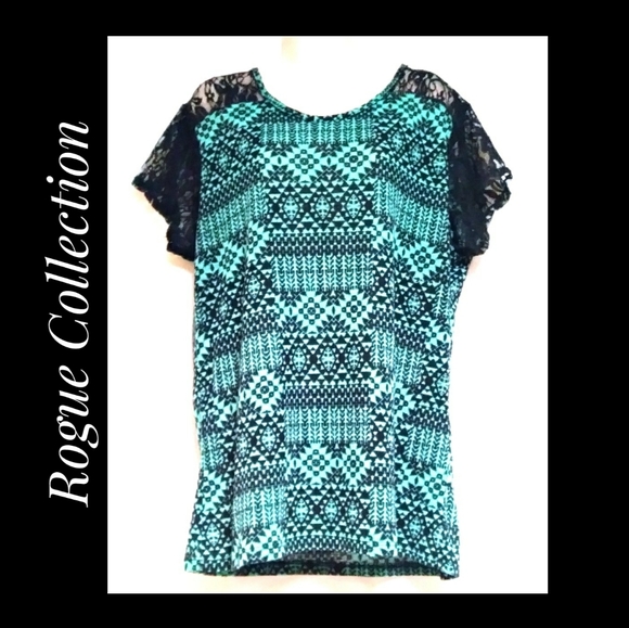 Tribal Print Rib Knit Tee Turquoise Black Lace 3X